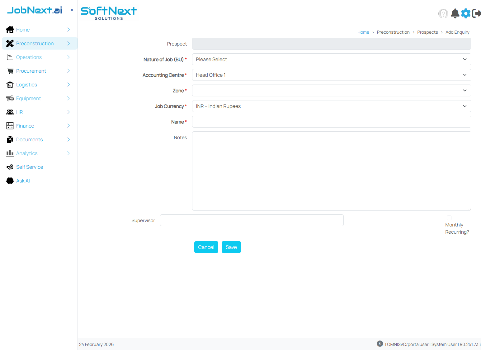 Add Enquiry form showing all required fields: Nature of Job, Accounting Centre, Zone, Job Currency, and Name