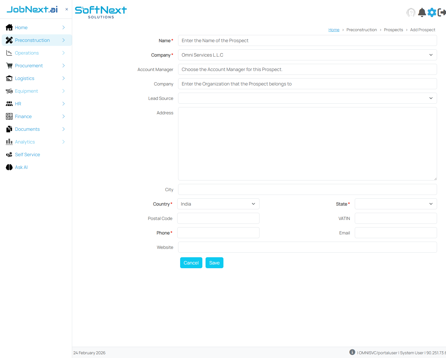 Add Prospect form showing fields for Name, Company, Account Manager, Address, City, Country, State, Phone, Email, and Website