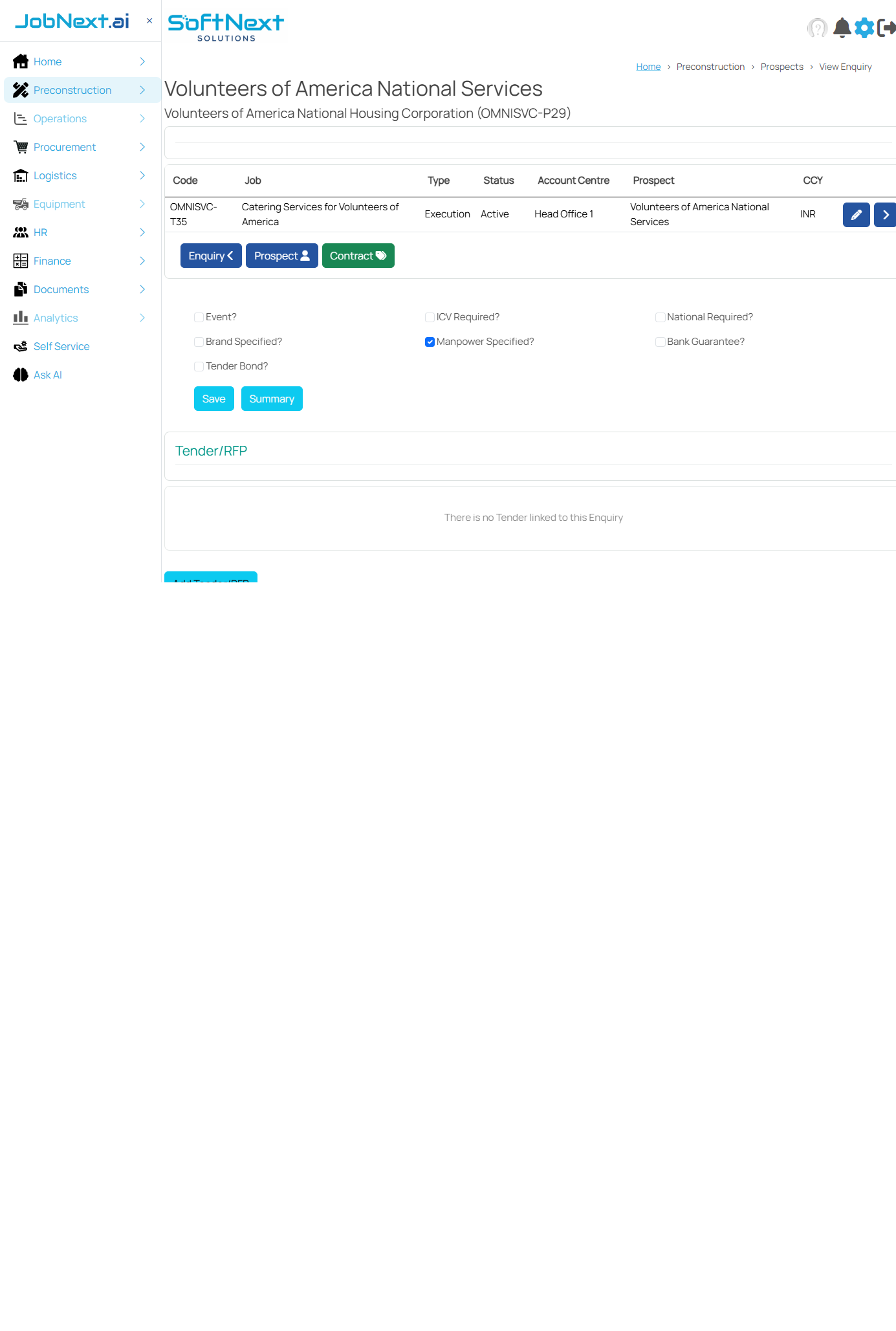 View Enquiry page with the yellow Catering conversion button highlighted