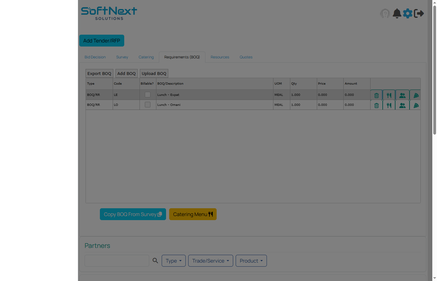 Menu details popup showing meal type selection and date fields