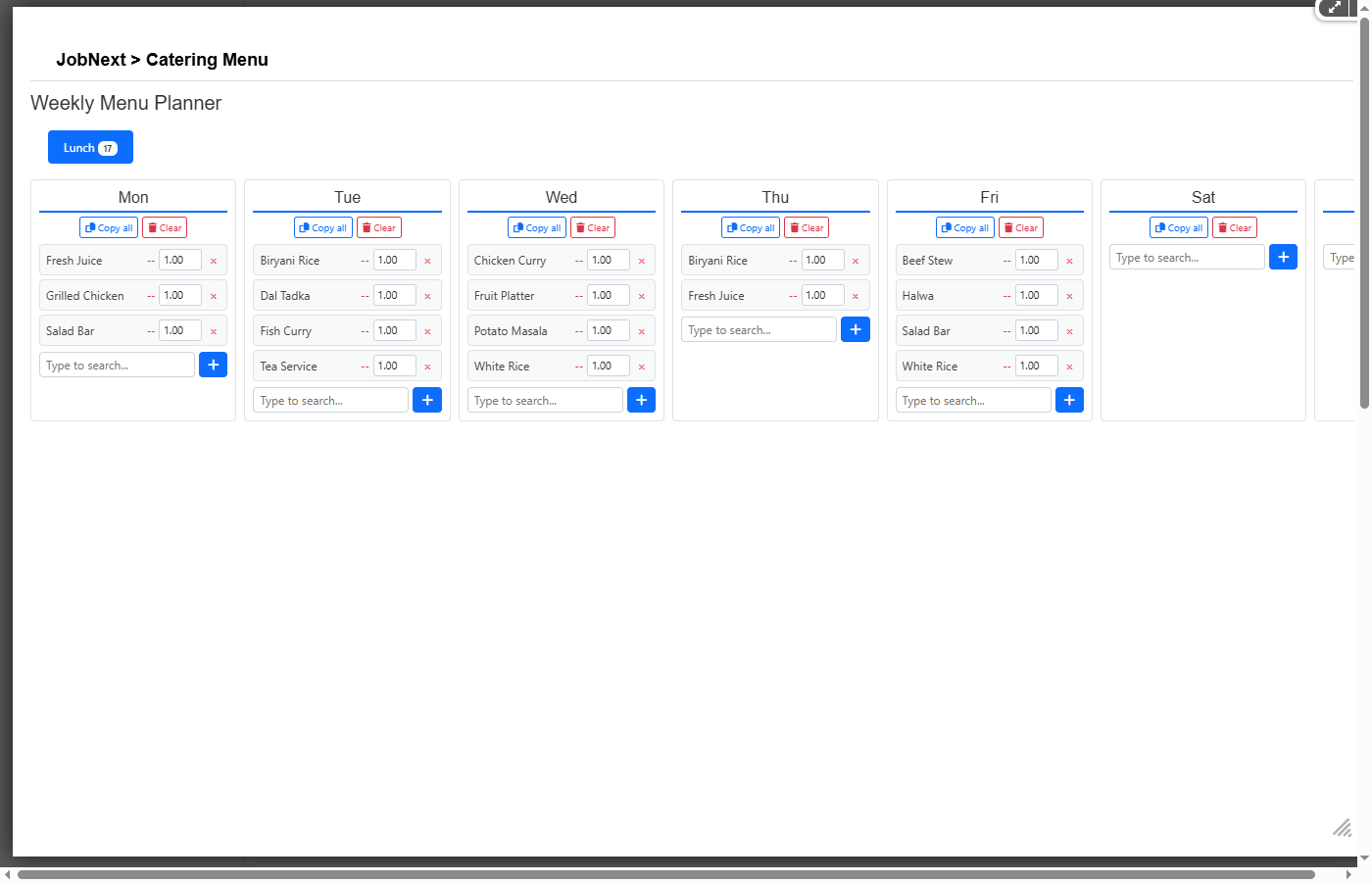 Weekly menu planner showing a 7-day grid with dishes assigned to each day