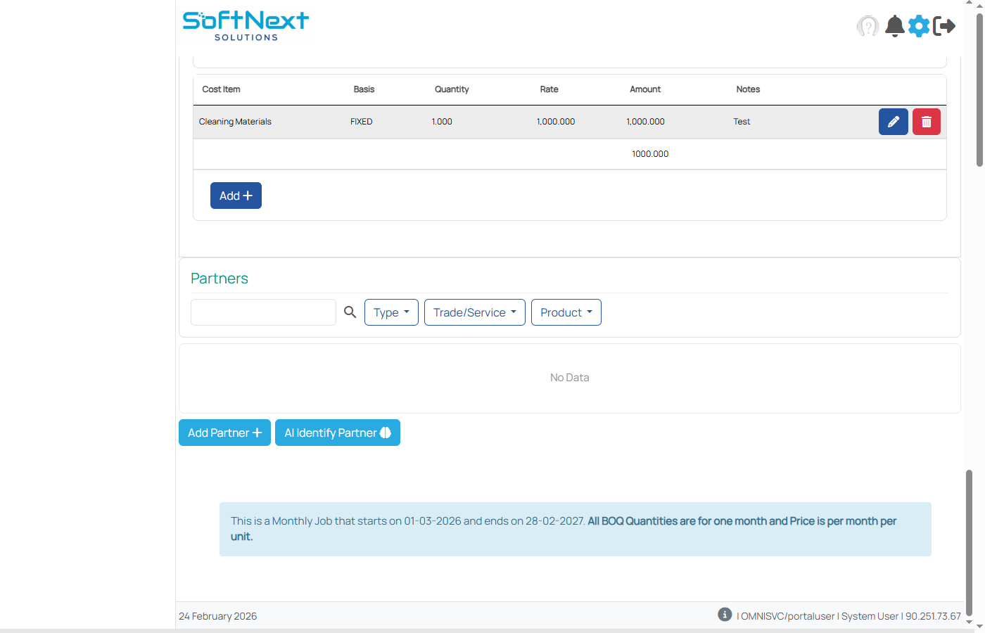 Overhead cost items grid showing basis types, quantities, and rates