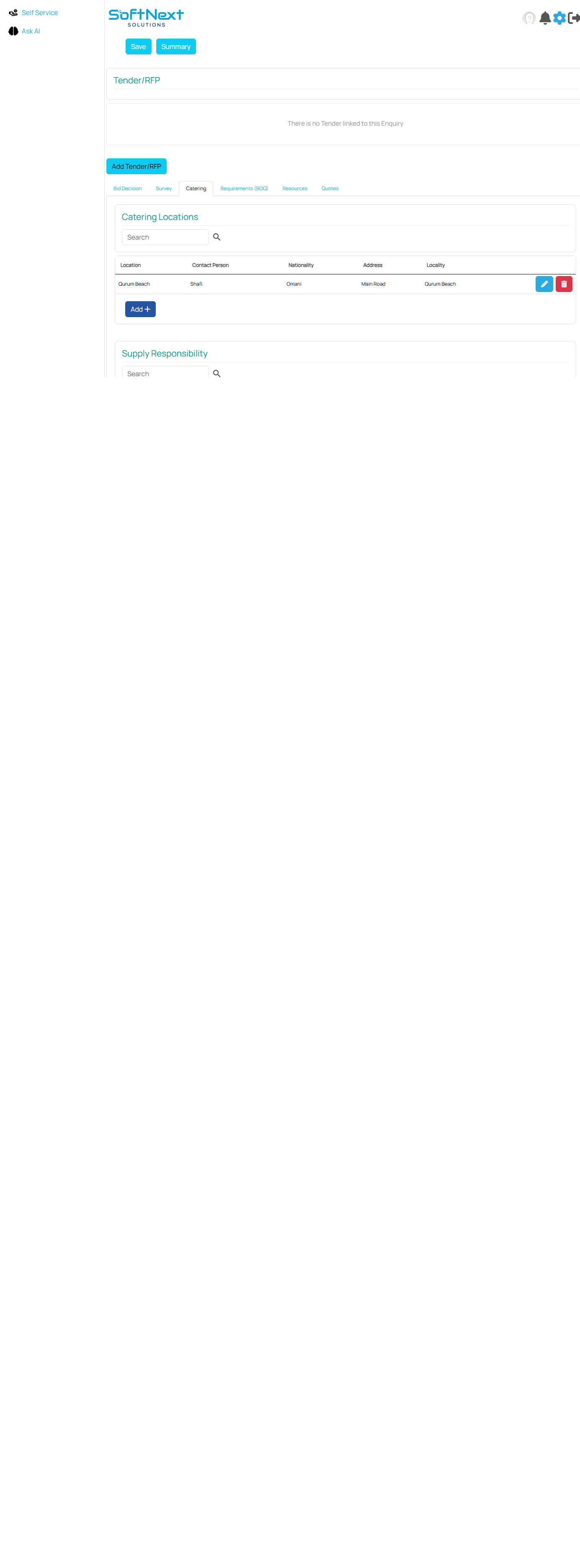 Catering tab showing the six sub-sections for operational cost entry