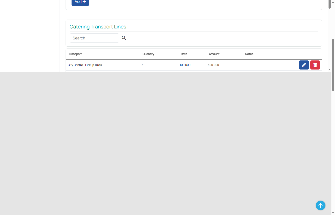 Transport lines grid showing regions, vehicle types, and costs