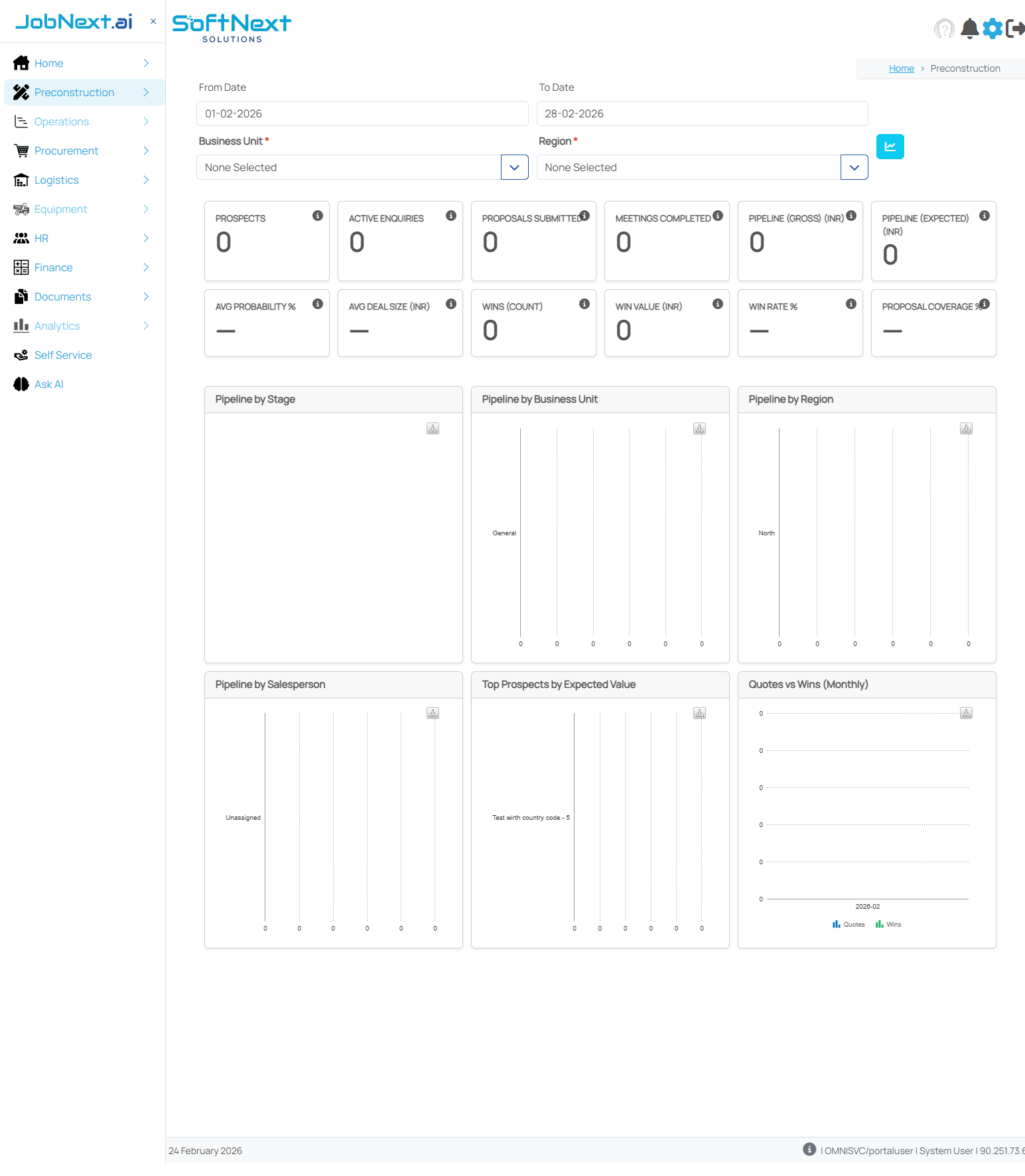 Preconstruction Dashboard showing filter bar, 12 KPI cards, and 6 pipeline charts