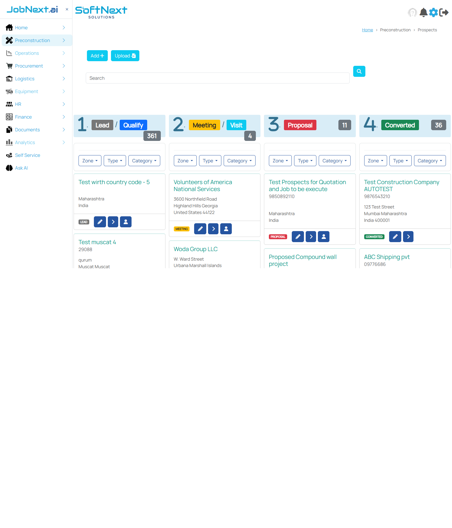 Prospects Kanban pipeline board showing four columns: Lead/Qualify (361), Meeting/Visit (4), Proposal (11), and Converted (36) with prospect cards