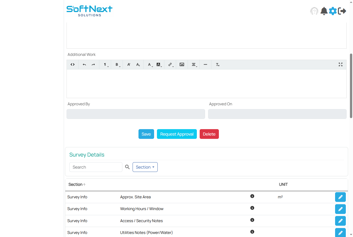 Survey action buttons showing Save, Request Approval, and Delete
