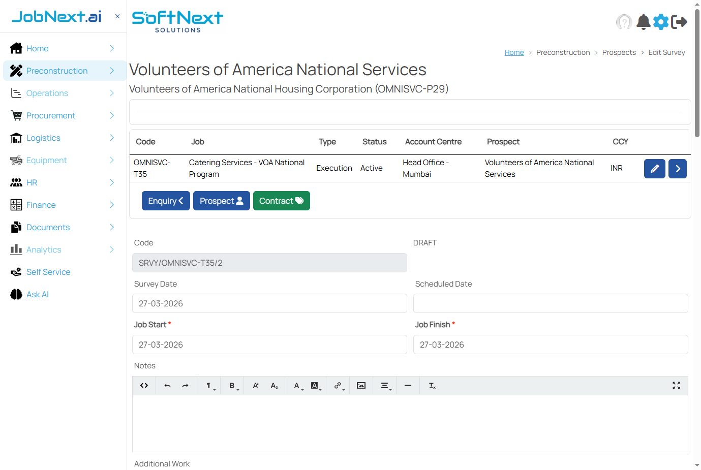 Survey header showing code, dates, notes, and status fields