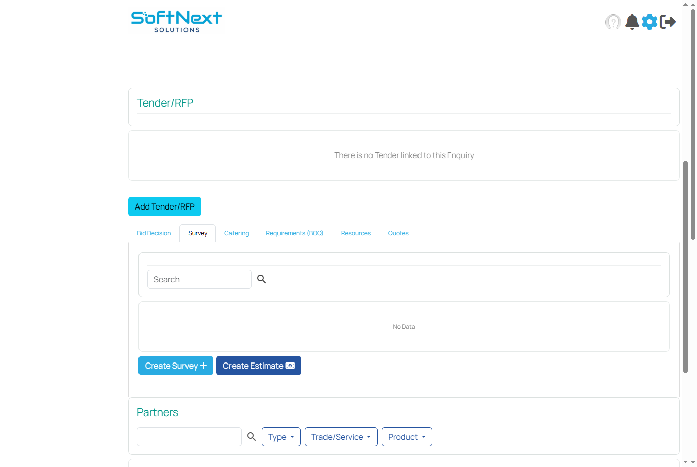 Survey tab in the Enquiry screen showing the Create Survey button