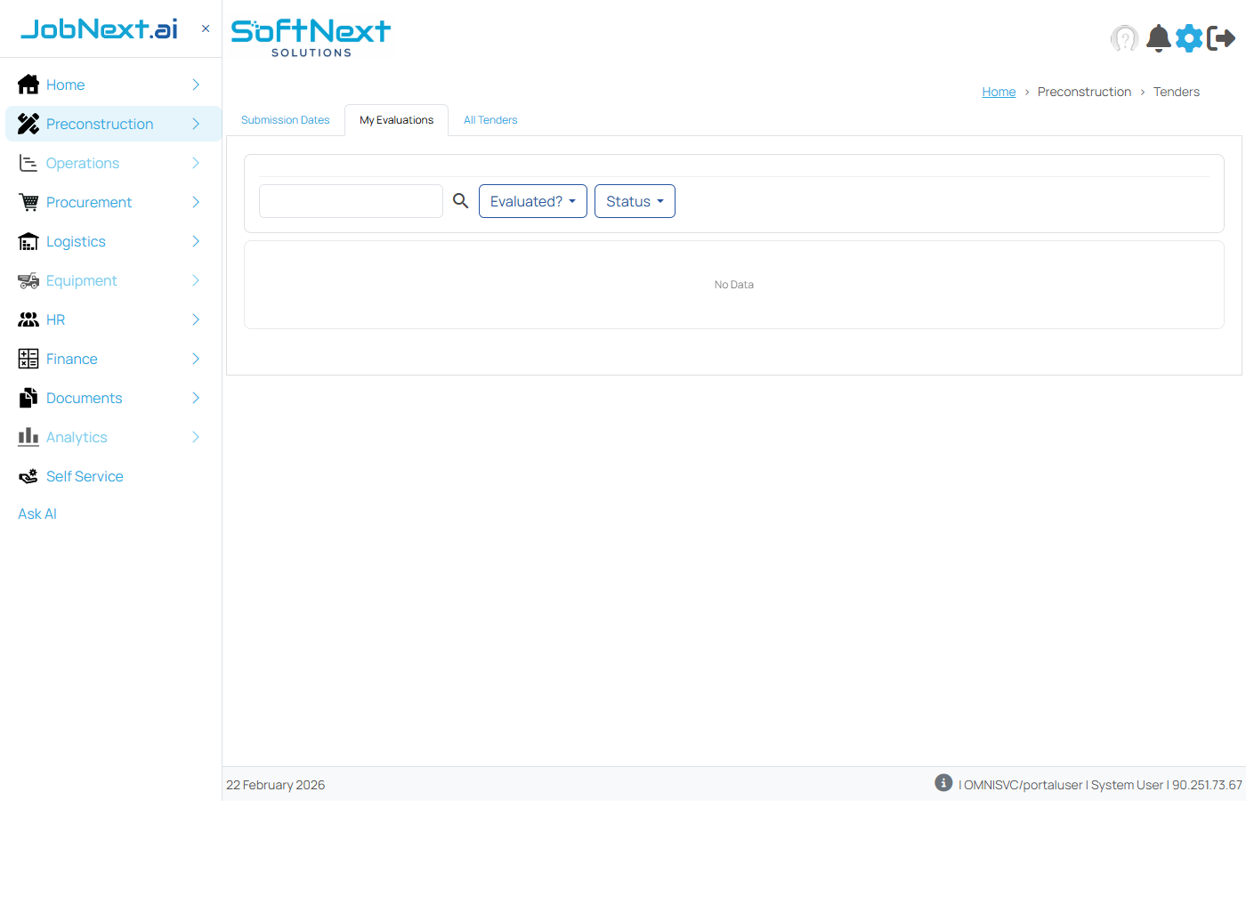 Tenders listing page showing tender submissions with status, dates, and associated quotes