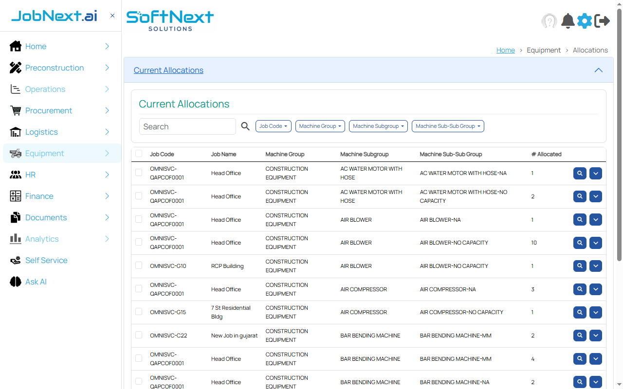 Equipment Allocations listing showing machines assigned to jobs with allocation dates and status