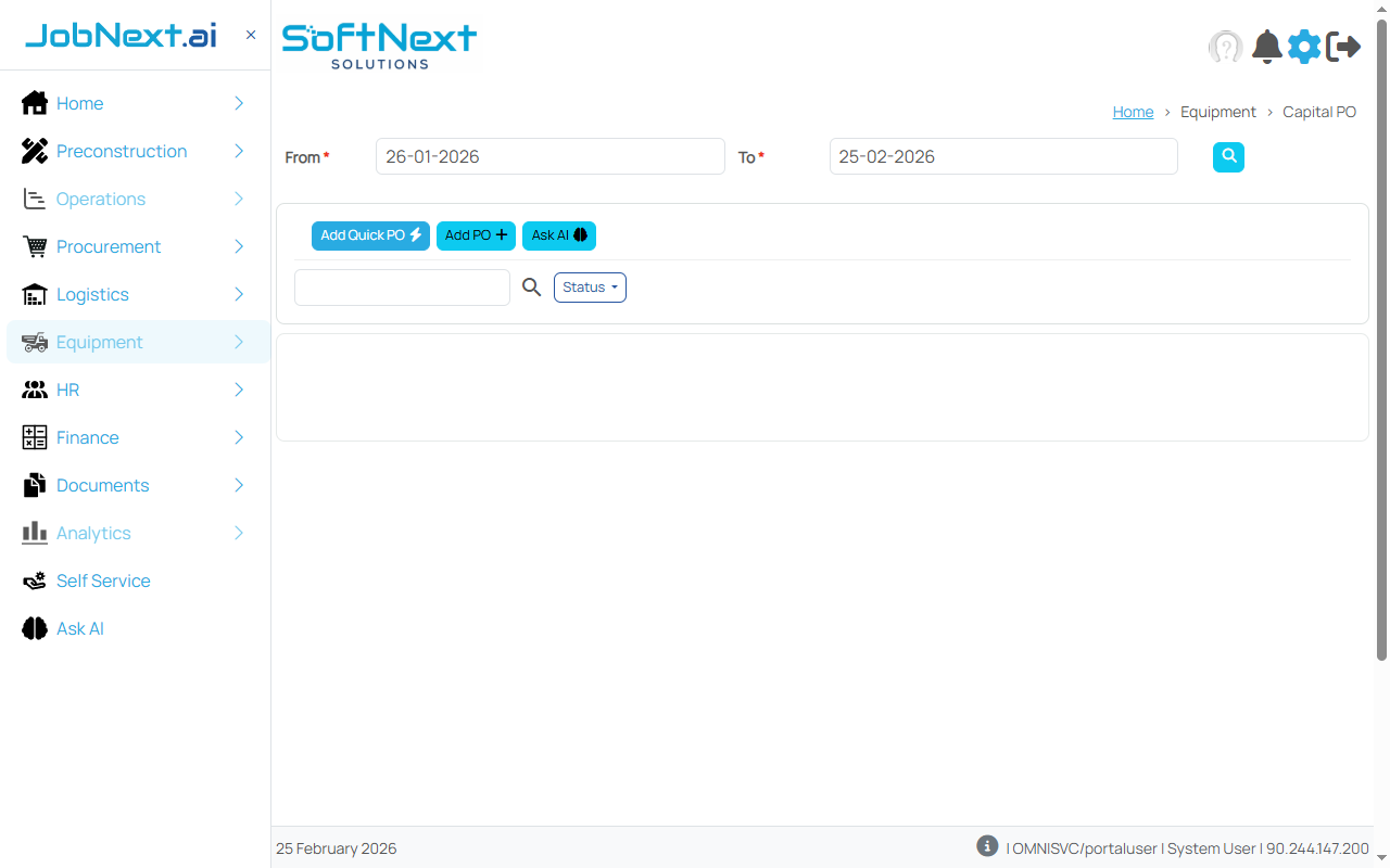 Capital Purchase Order listing with PO numbers, vendor details, equipment, amounts, and delivery status