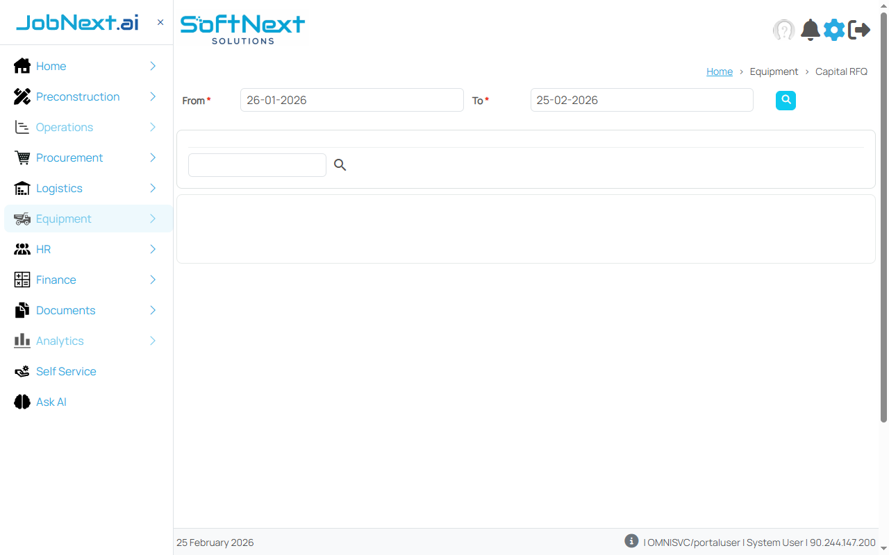 Capital RFQ listing with RFQ numbers, vendor details, equipment specifications, and response status