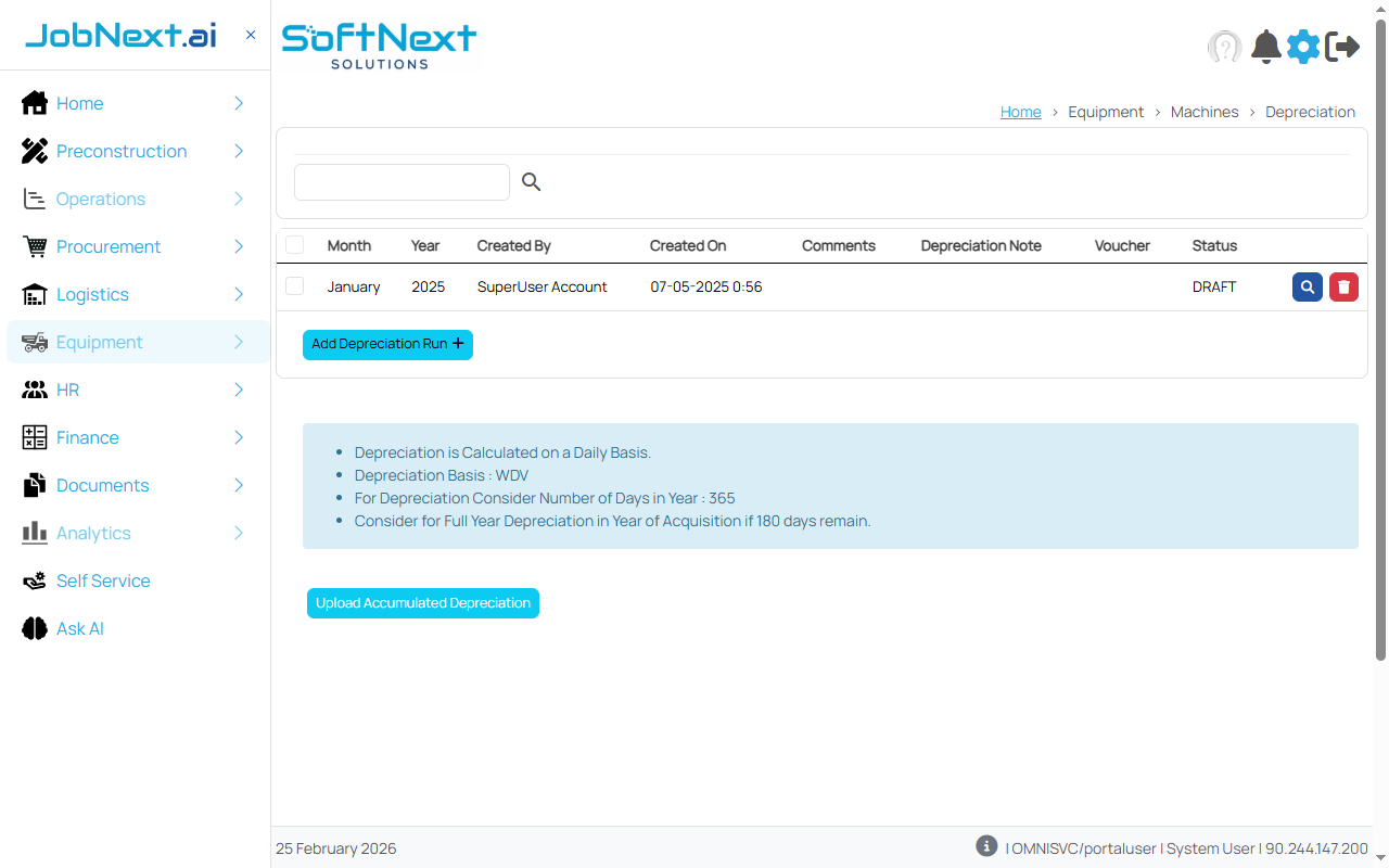 Depreciation vouchers page showing periodic depreciation entries with asset details, depreciation amounts, and accumulated depreciation balances