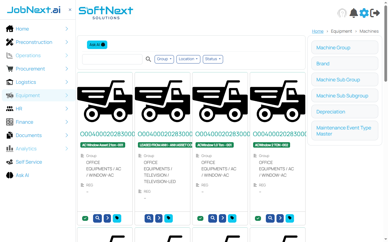 Equipment Machines page showing a card-based grid of machine assets with image placeholders, asset codes, names, group hierarchies, REG numbers, and action buttons