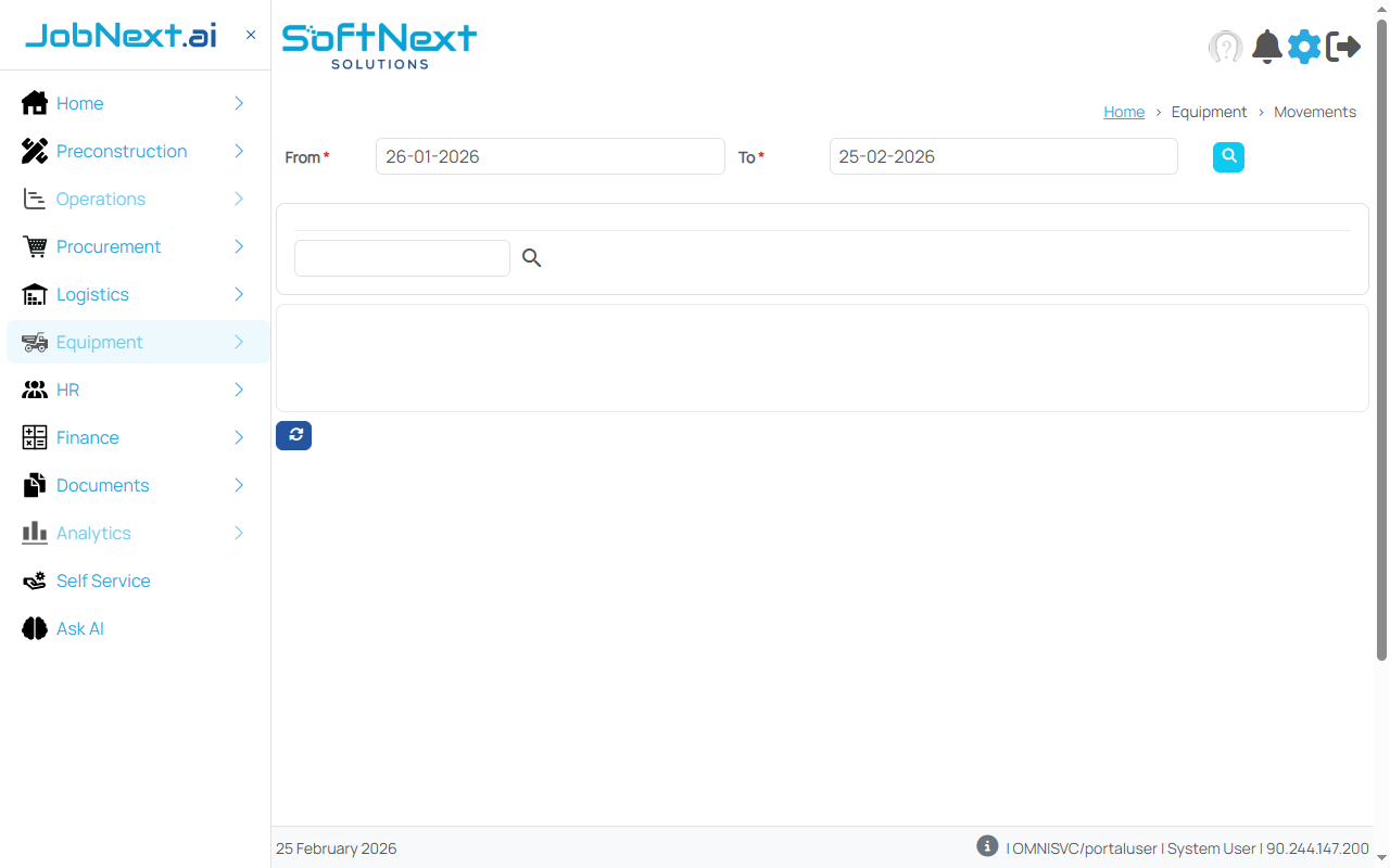 Equipment Movements listing with transfer records, source and destination jobs, dispatch and receipt dates