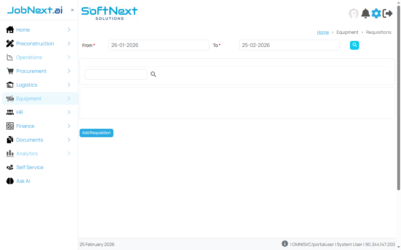 Equipment requisitions page showing machine requisition requests with status, requested quantities, and approval workflow