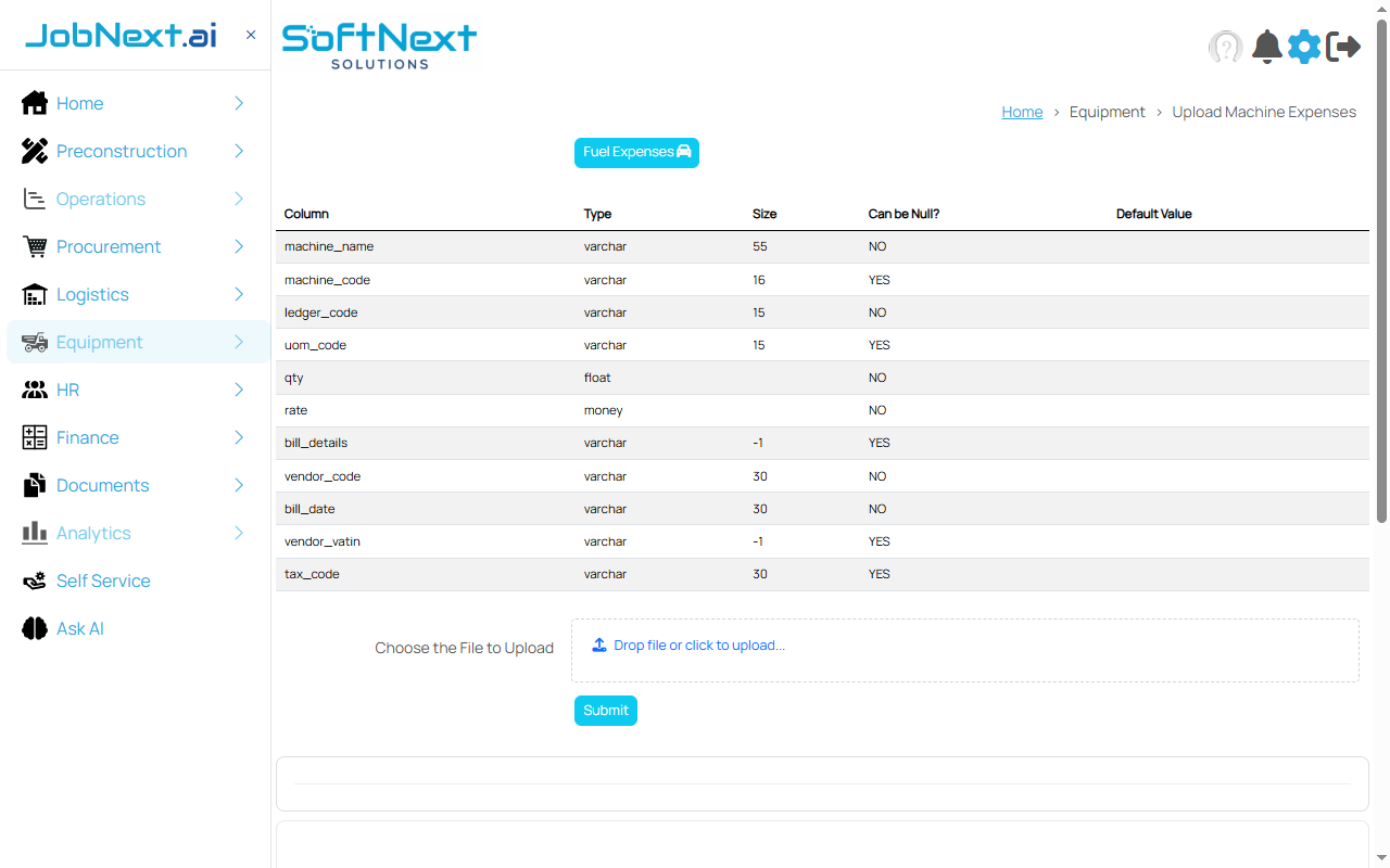 Machine expenses upload interface showing cost entry fields and job allocation columns
