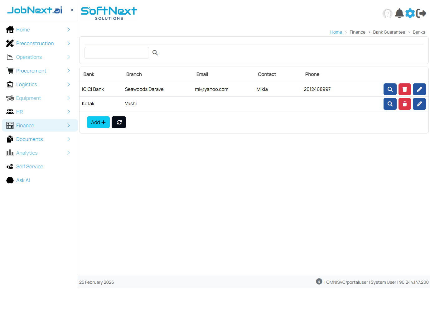 Bank Guarantees register showing BG numbers, types, amounts, validity periods, and expiry status indicators