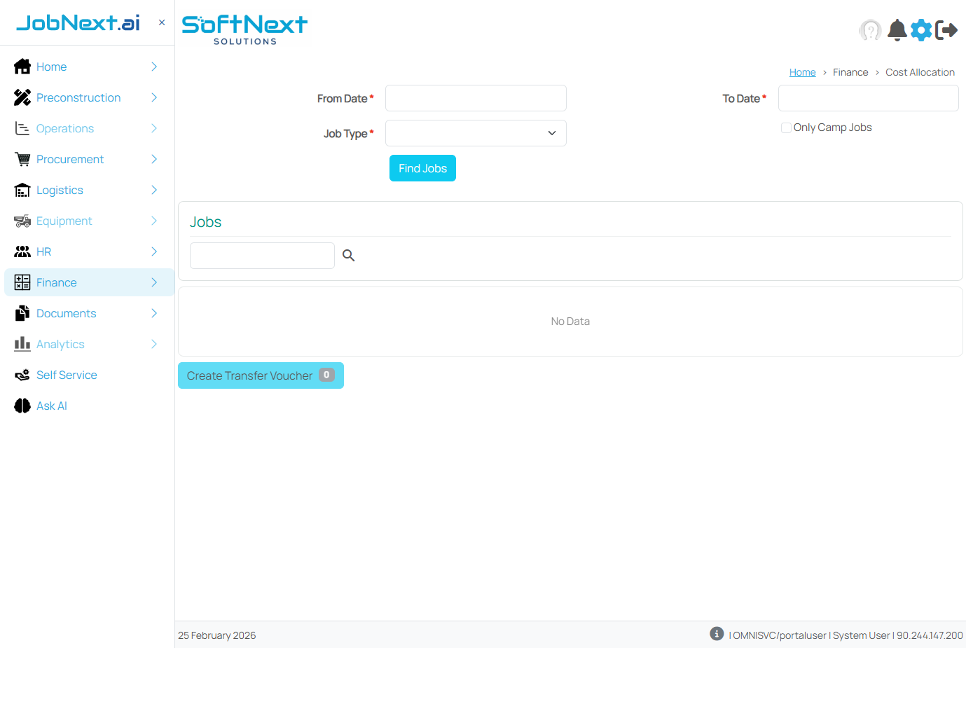 Cost Allocation screen showing camp job selection, allocation period, ledger breakdown, and target execution jobs