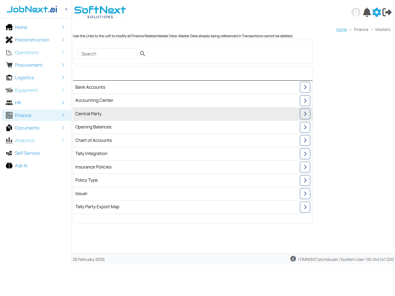 Finance Masters page showing a list of 10 master categories: Bank Accounts, Accounting Center, Central Party, Opening Balances, Chart of Accounts, Tally Integration, Insurance Policies, Policy Type, Issuer, Tally Party Export Map