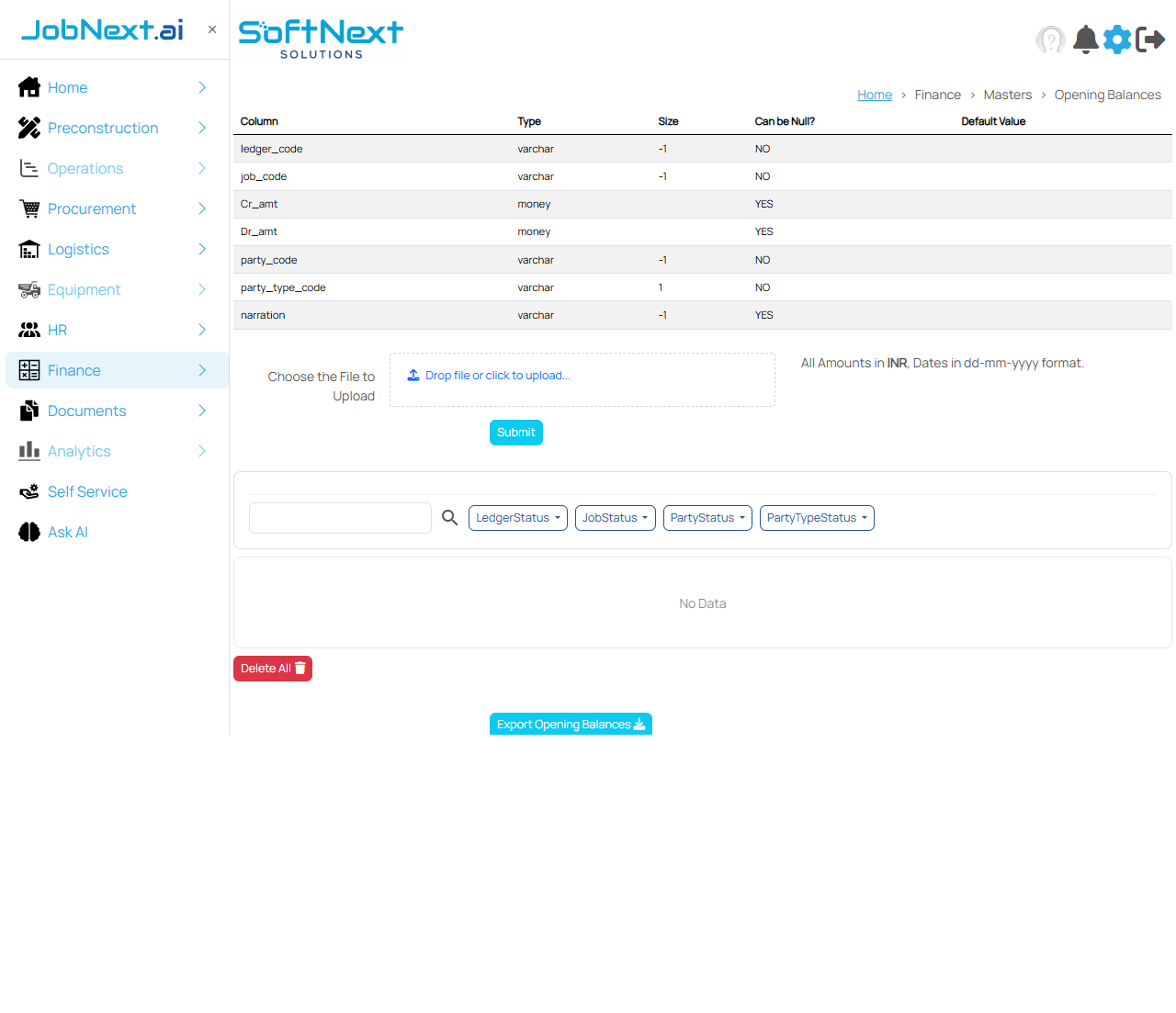 Opening Balances upload screen showing column specification, file upload area, and processing options with Accounting Centre selection