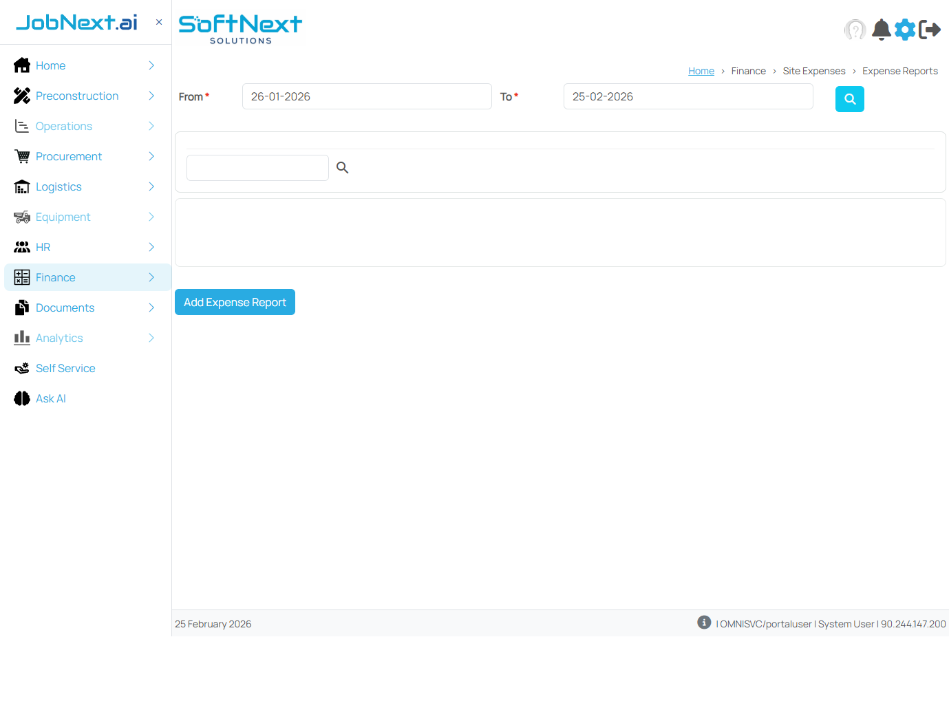 Expense Reports page showing From/To date filters, search bar, empty grid, and Add Expense Report button