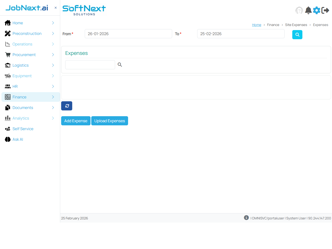 Expenses page showing From/To date filters, search bar, empty grid, and Add Expense / Upload Expenses buttons with Refresh action