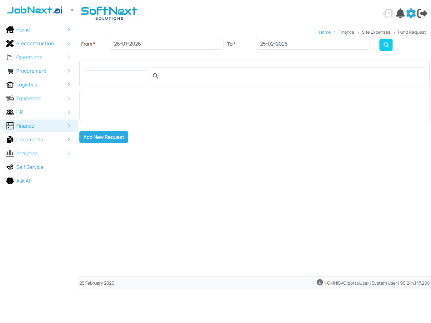 Fund Request page showing From/To date filters, Search button, empty data grid, and Add New Request button