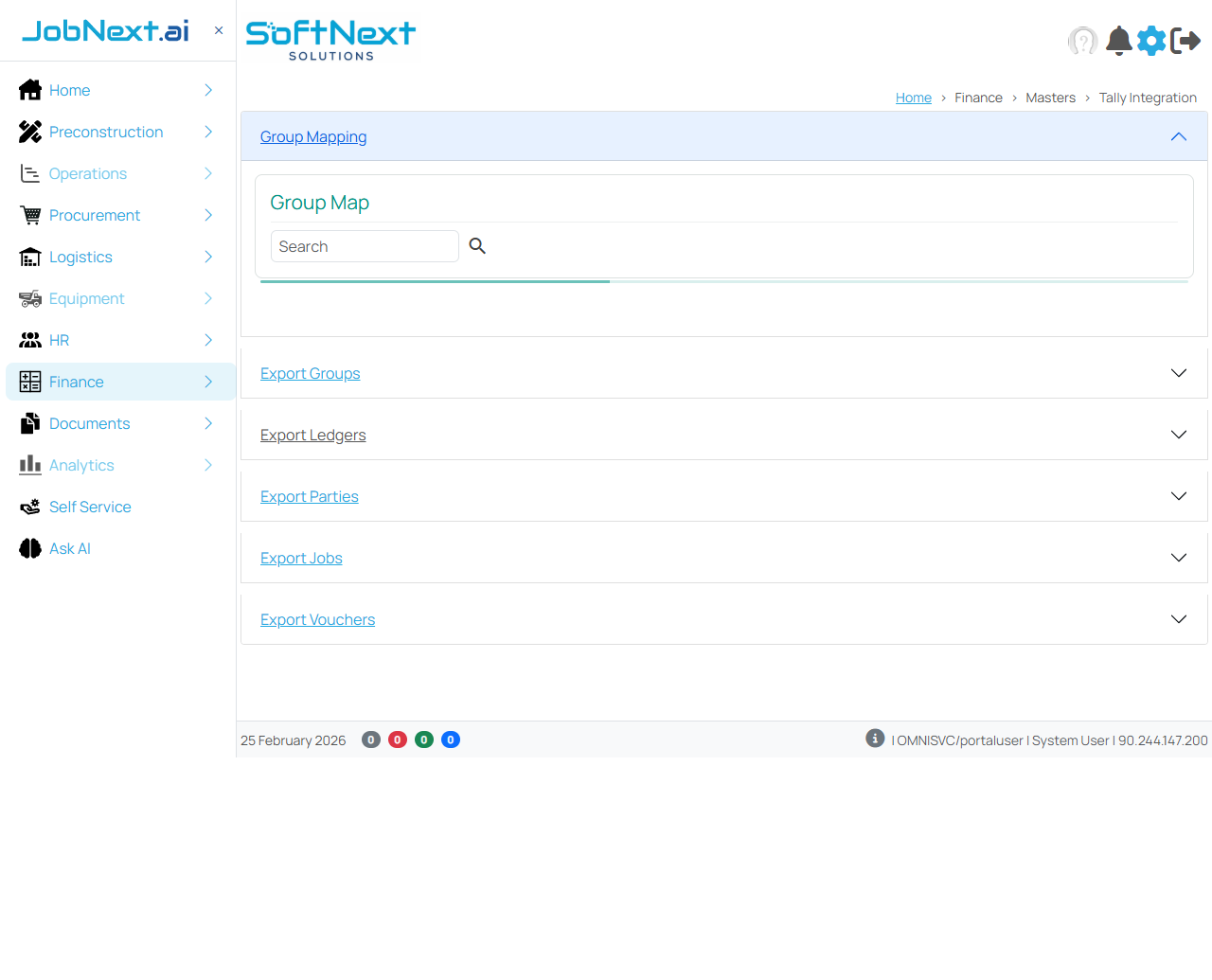 Tally Integration page showing accordion sections for Group Mapping, Export Groups, Export Ledgers, Export Parties, Export Jobs, and Export Vouchers