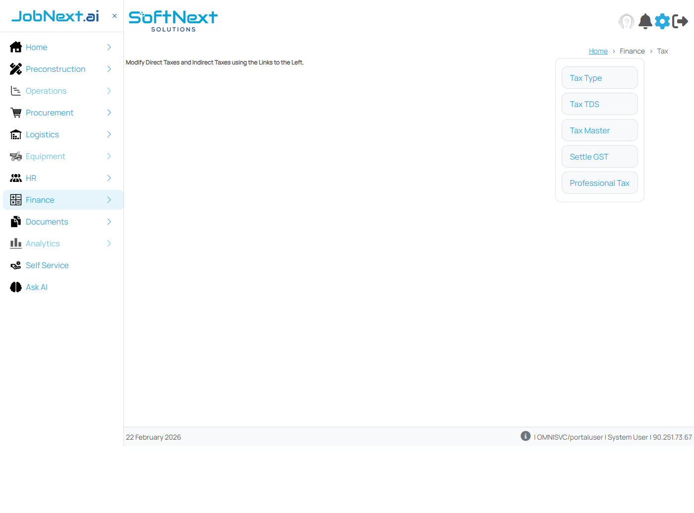 Tax Management configuration screen showing tax types, groups, rates, and GST settings