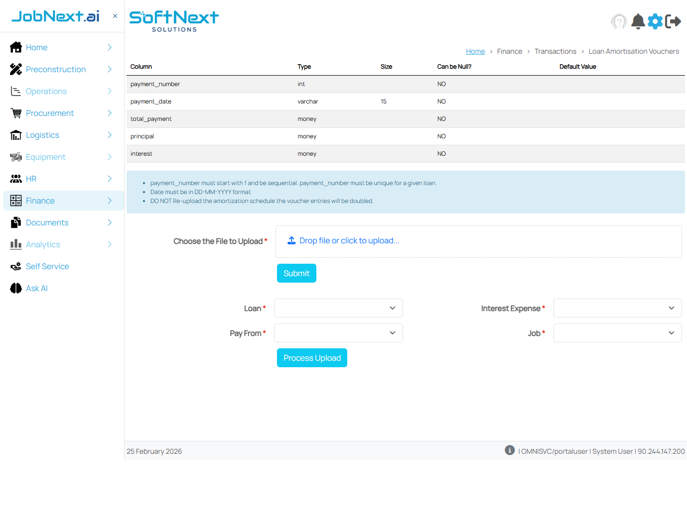 Loan Amortisation Vouchers page showing upload template specification with required columns (payment_number, payment_date, total_payment, principal, interest), file upload area, and form fields (Loan, Interest Expense, Pay From, Job)