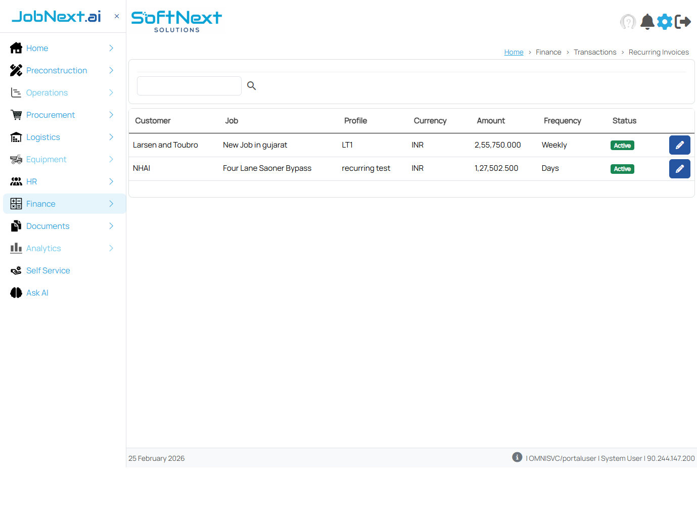 Recurring Invoices page showing a grid with Customer, Job, Profile (Weekly/Days), Currency, Amount, and Status (Active) columns, with edit action buttons per row