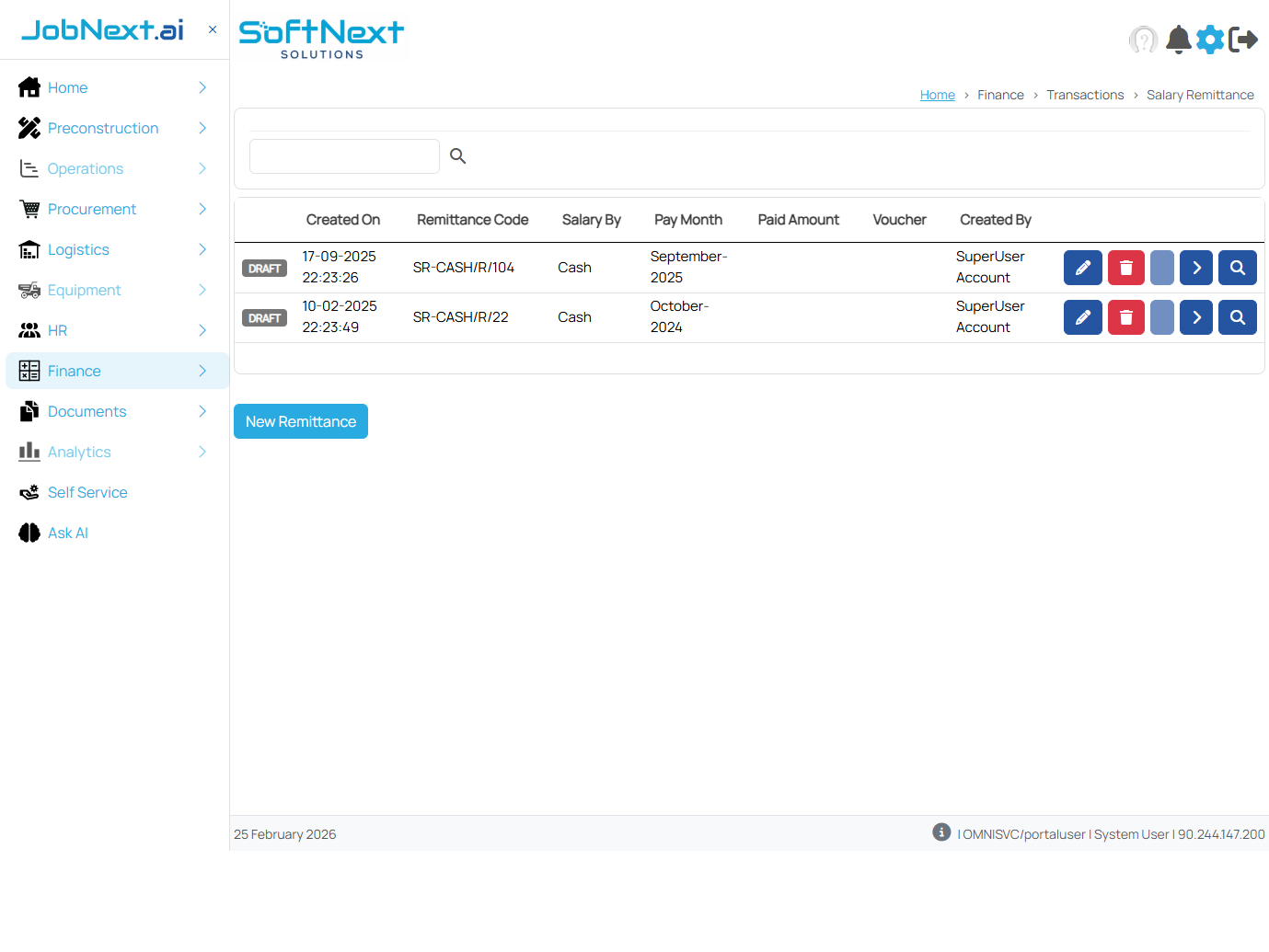 Salary Remittance page showing a grid with Created On, Remittance Code, Salary By, Pay Month, Paid Amount, Voucher, Created By columns, New Remittance button, and row actions (Edit, Delete, View)