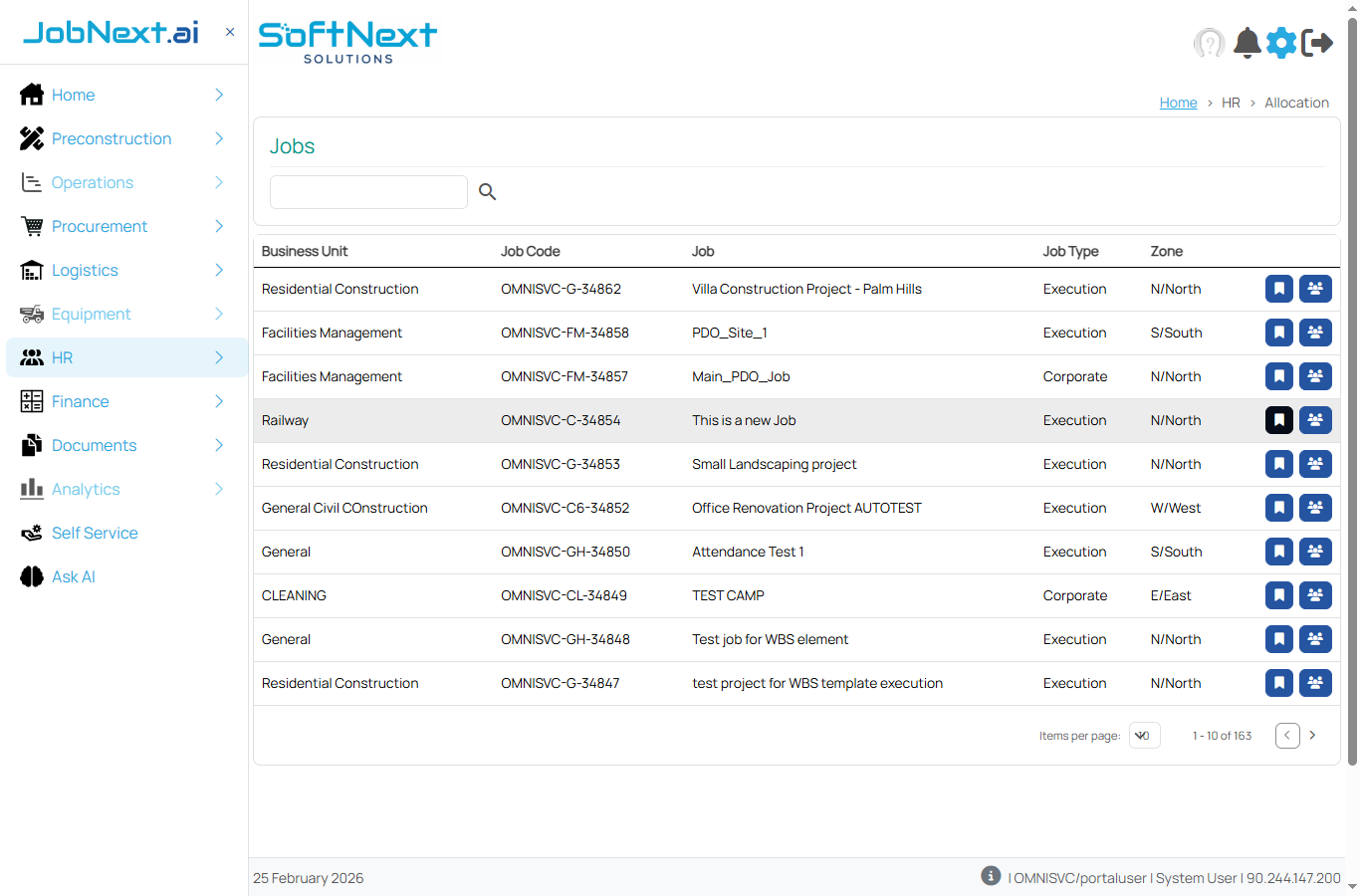 Allocation Jobs grid showing Business Unit, Job Code, Job name, Job Type, and Zone columns with 163 jobs listed across paginated view