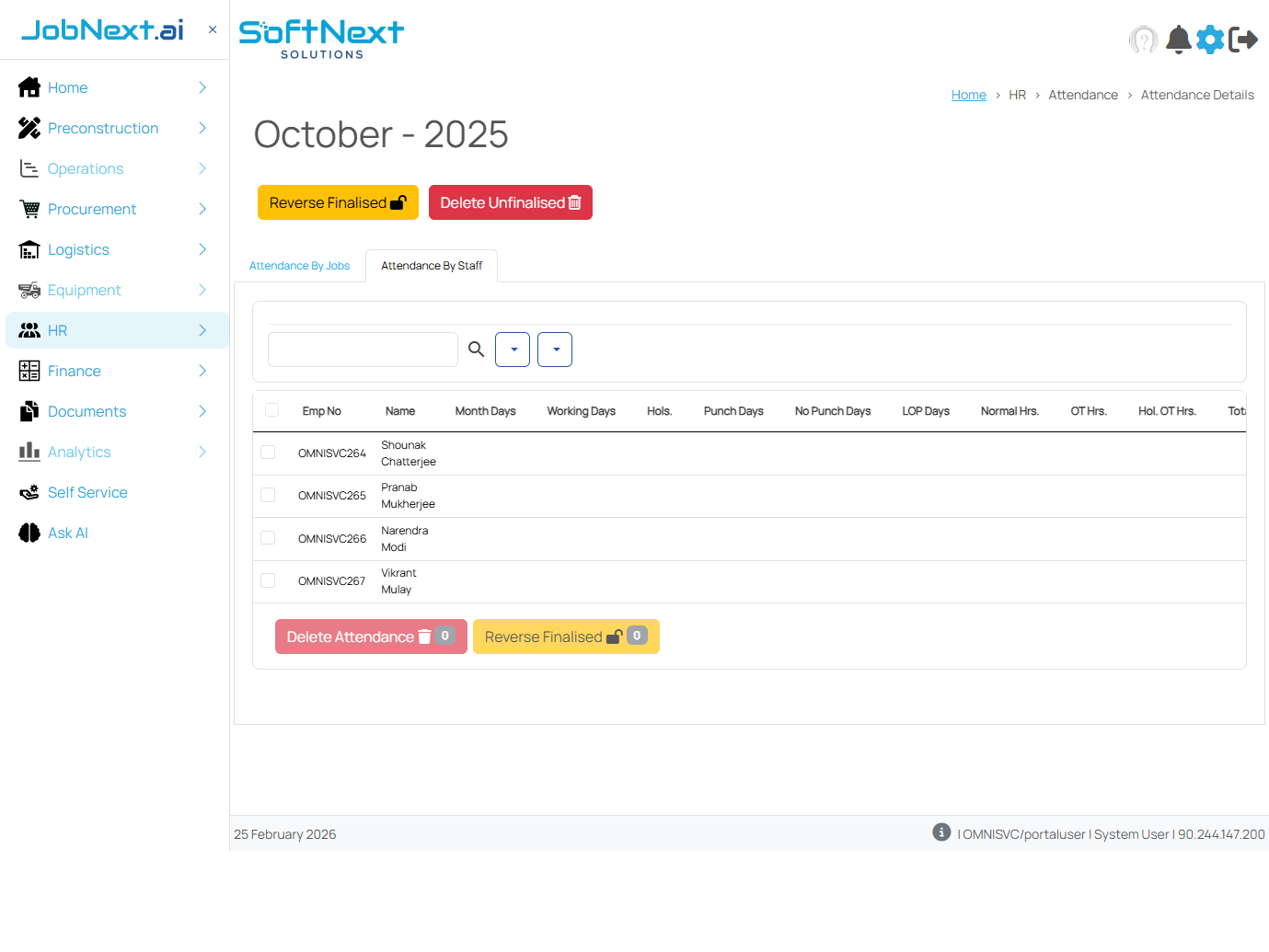 Attendance By Staff tab showing employee list with columns for Month Days, Working Days, Holidays, Punch Days, Normal Hours, OT Hours, and finalization status