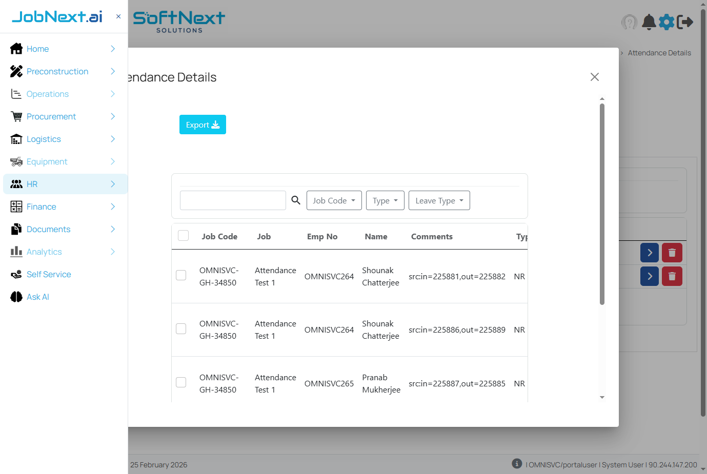 Attendance Details dialog showing individual punch records with Job Code, Job, Emp No, Name, Comments, Type, and other columns