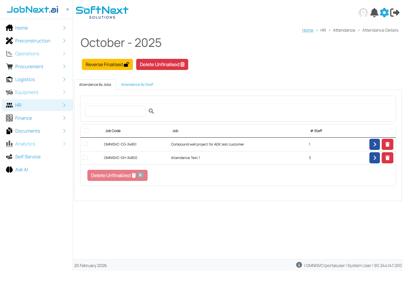 Attendance Details page showing October 2025 with Attendance By Jobs tab, Reverse Finalised and Delete Unfinalised buttons, and a grid of jobs with staff counts
