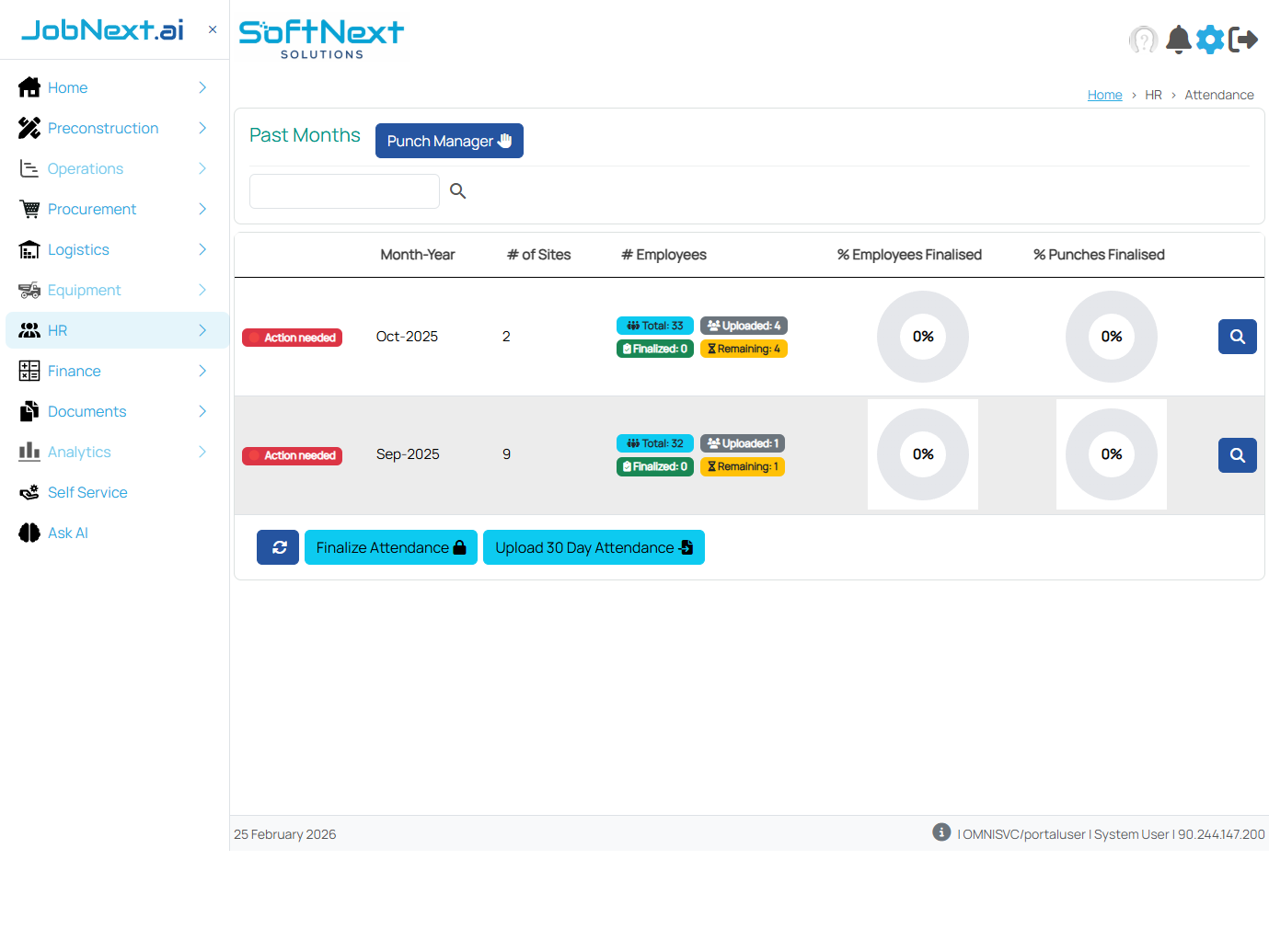 Attendance main page showing Past Months grid with status badges, Punch Manager button, and action buttons for Finalize Attendance and Upload 30 Day Attendance