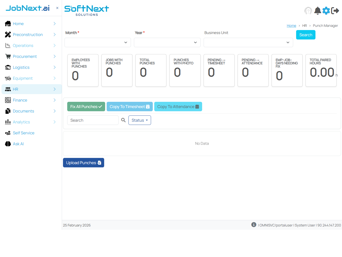 Punch Manager page showing Month, Year, and Business Unit filters, 8 KPI cards, action buttons for Fix All Punches, Copy To Timesheet, Copy To Attendance, and Upload Punches