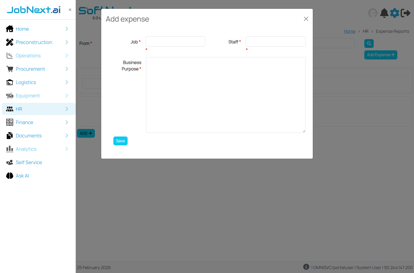 Add expense dialog showing Job, Staff, and Business Purpose fields with a Save button