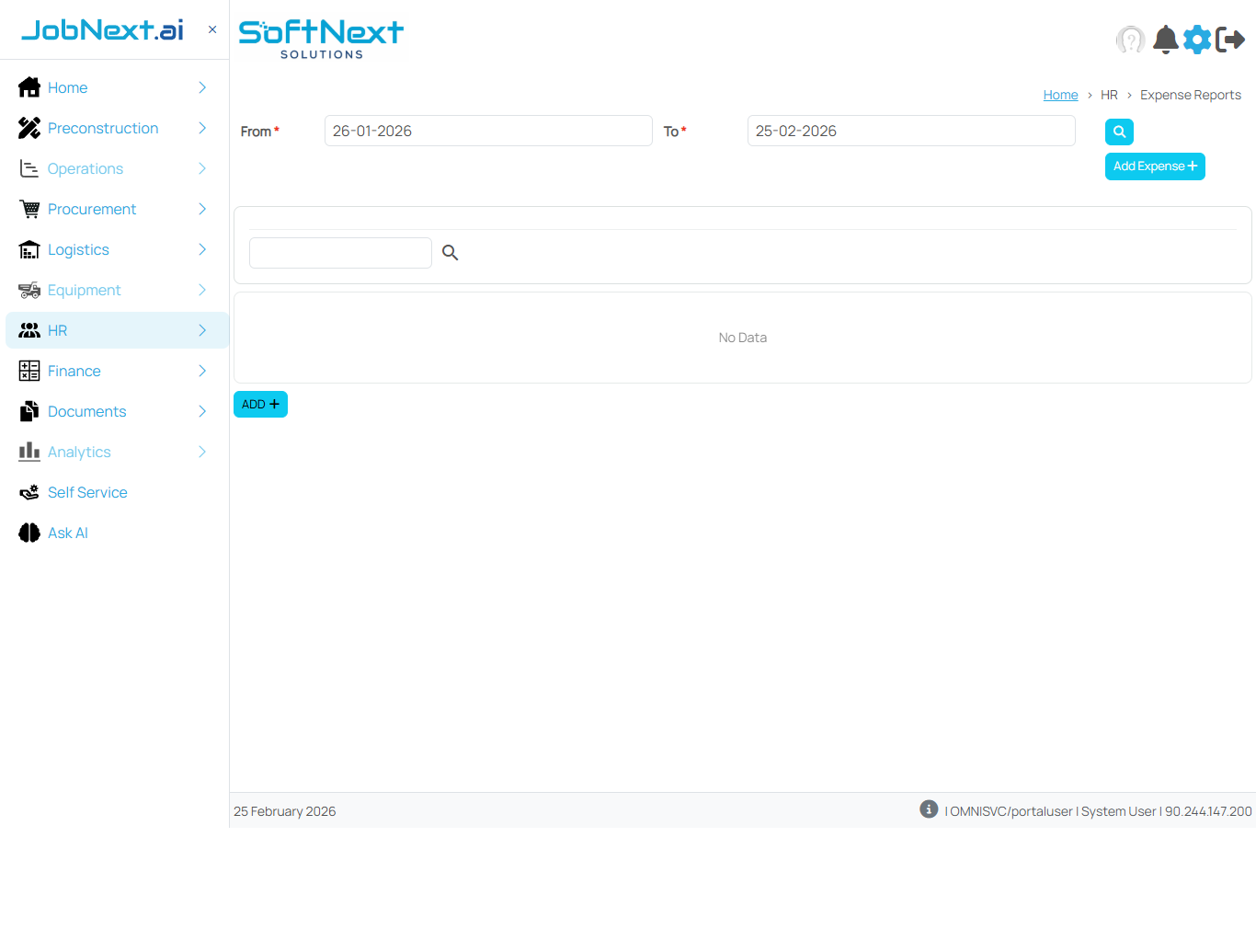 Expense Reports page showing From and To date filters, Search button, Add Expense button, and an empty data grid with No Data message