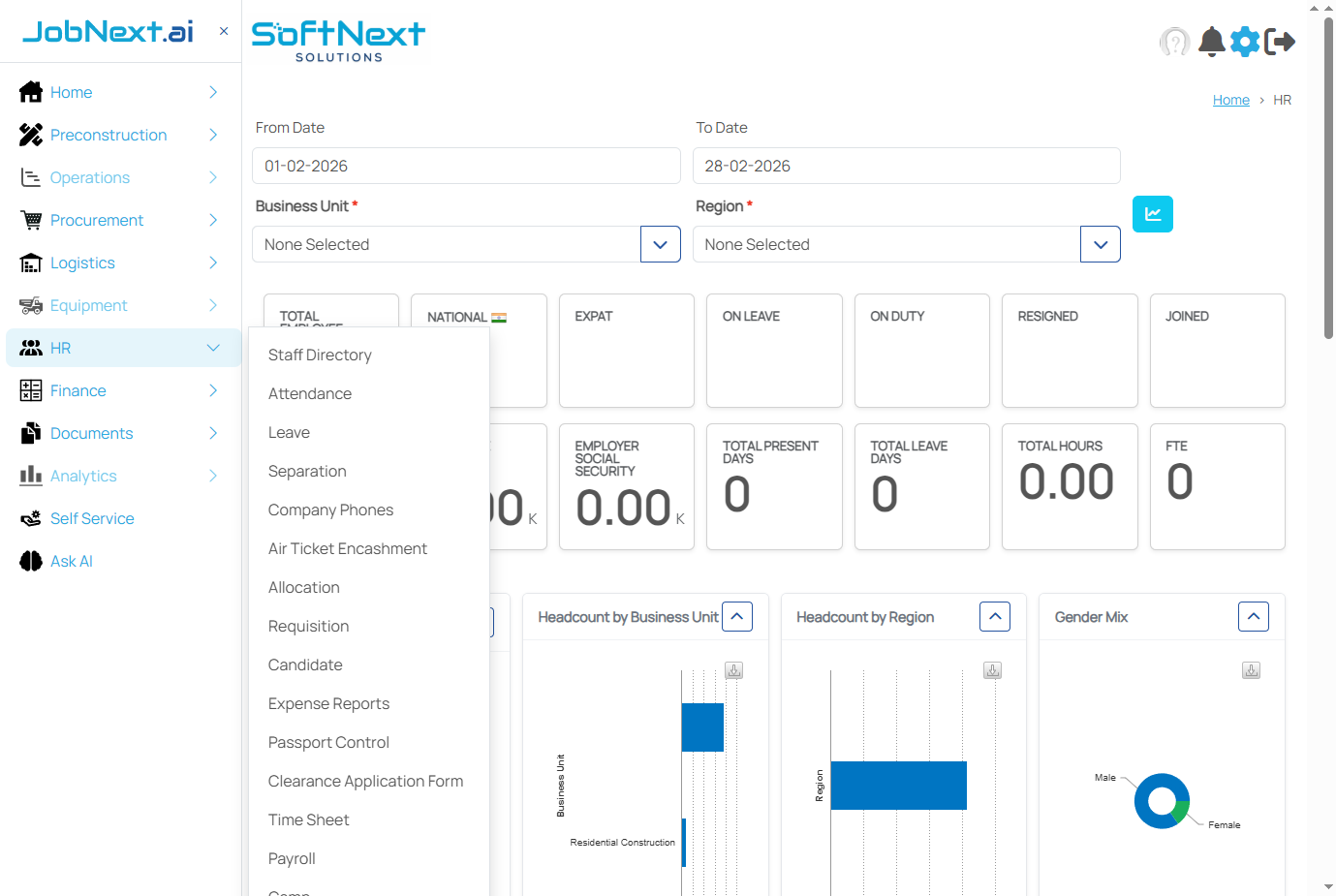 HR module main dashboard showing KPI cards for Total Employees, National, Expat, On Leave, On Duty, Resigned, Joined along with charts for Headcount by Business Unit, Headcount by Region, and Gender Mix
