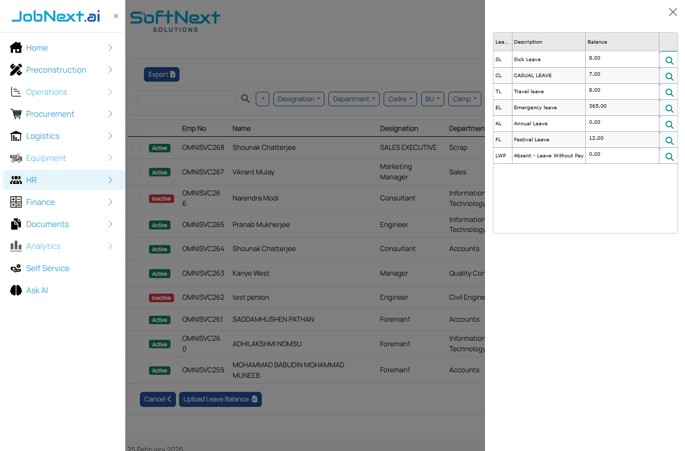 Leave balance popup showing leave code, description, and balance for each leave type