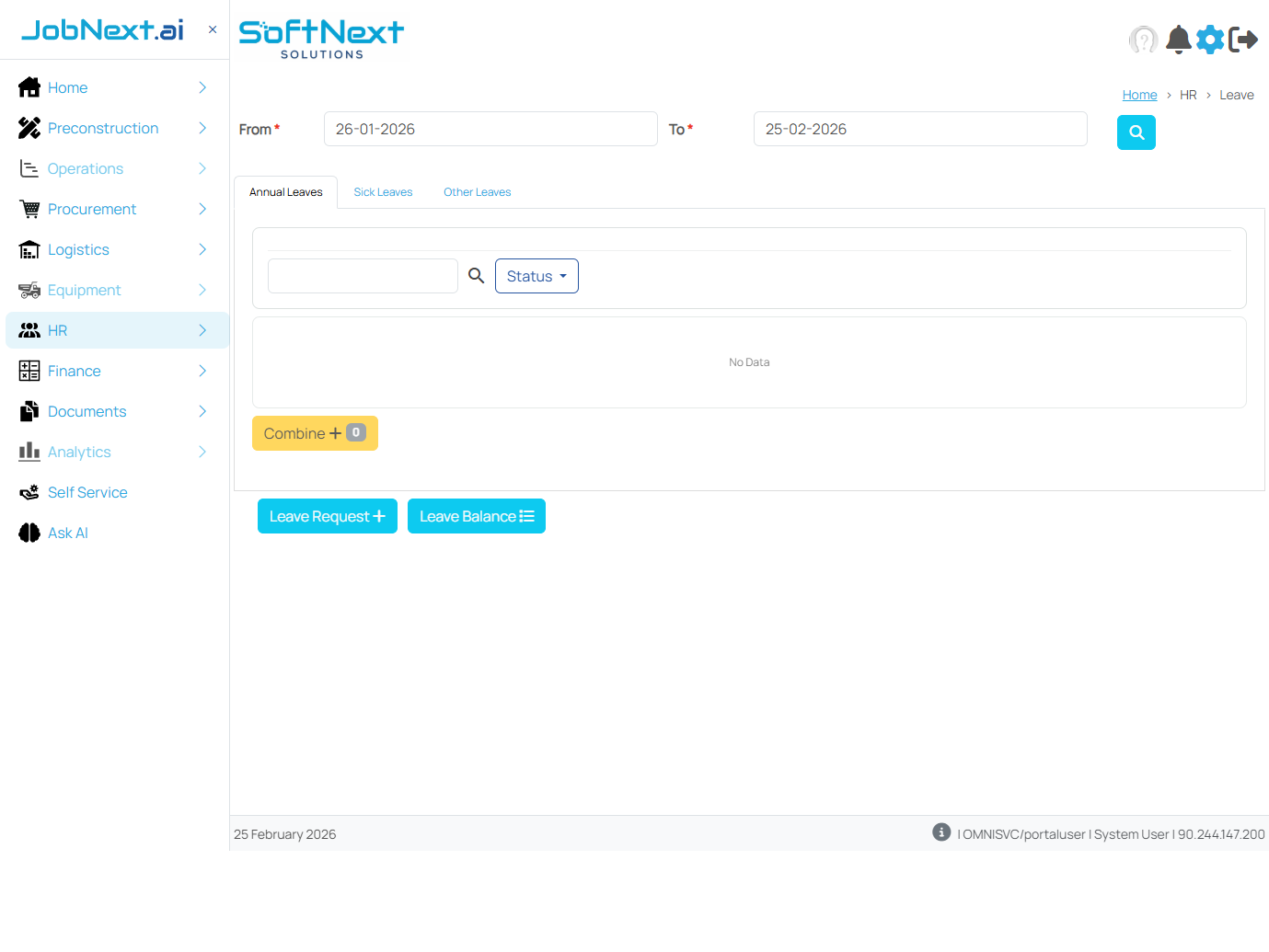 Leave main page with date filters, three tabs for Annual, Sick and Other leaves, and action buttons