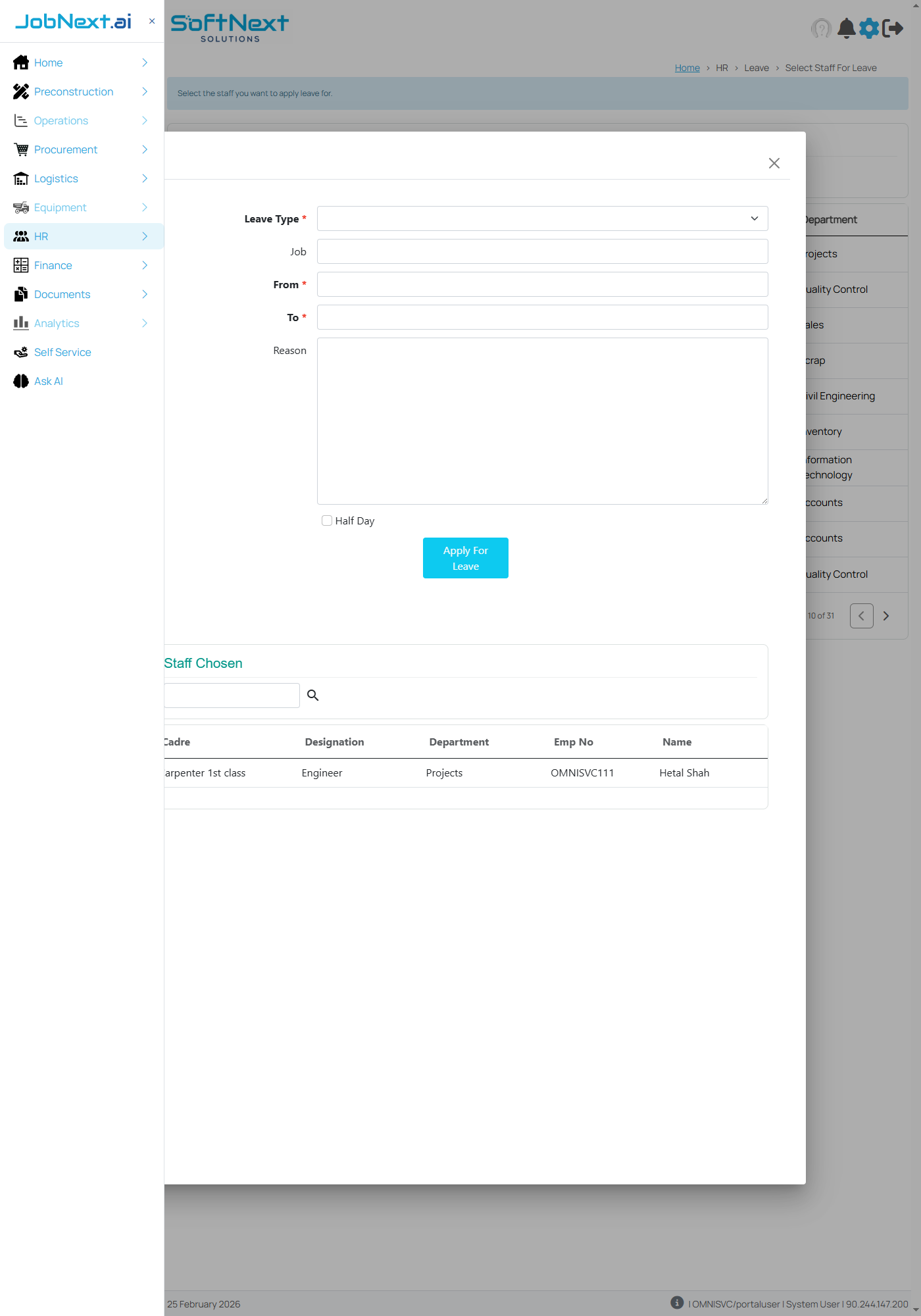 Leave request form dialog with Leave Type, Job, From, To, Reason, Half Day fields and Staff Chosen grid