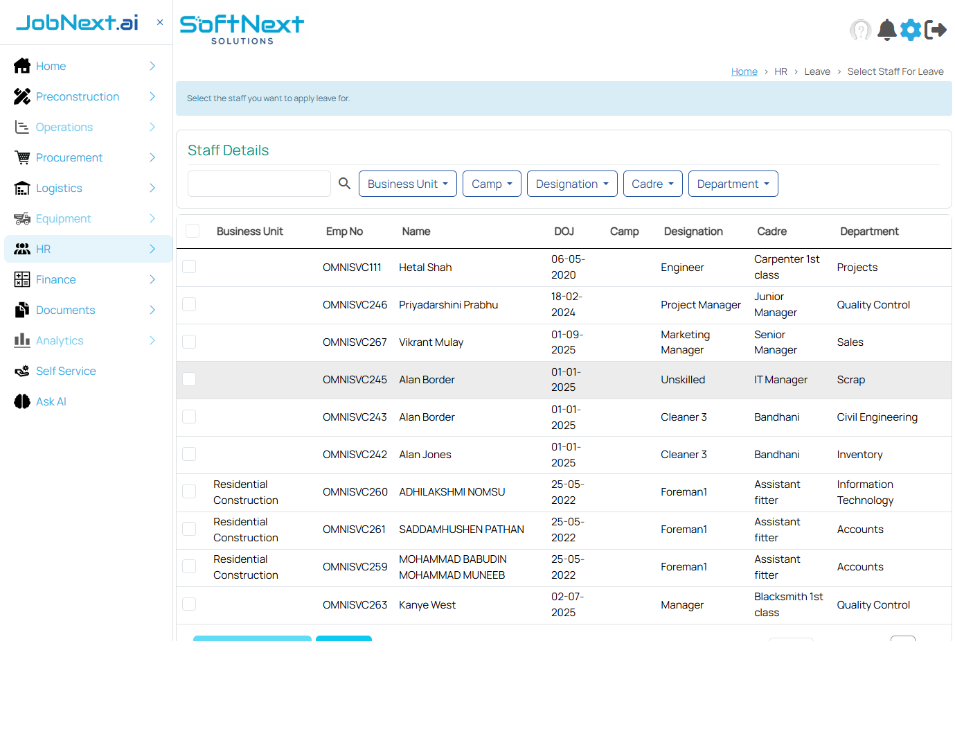 Select Staff For Leave page with staff grid and filter dropdowns