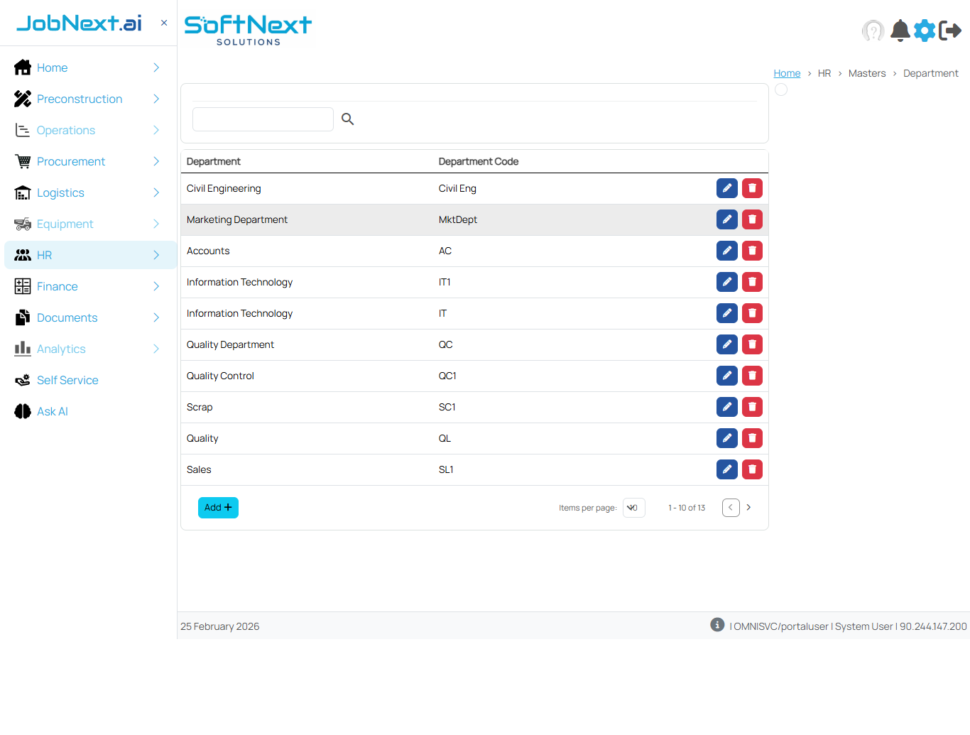 Department master detail page showing a grid with Department name and Department Code columns, plus Edit and Delete action icons per row, and an Add button