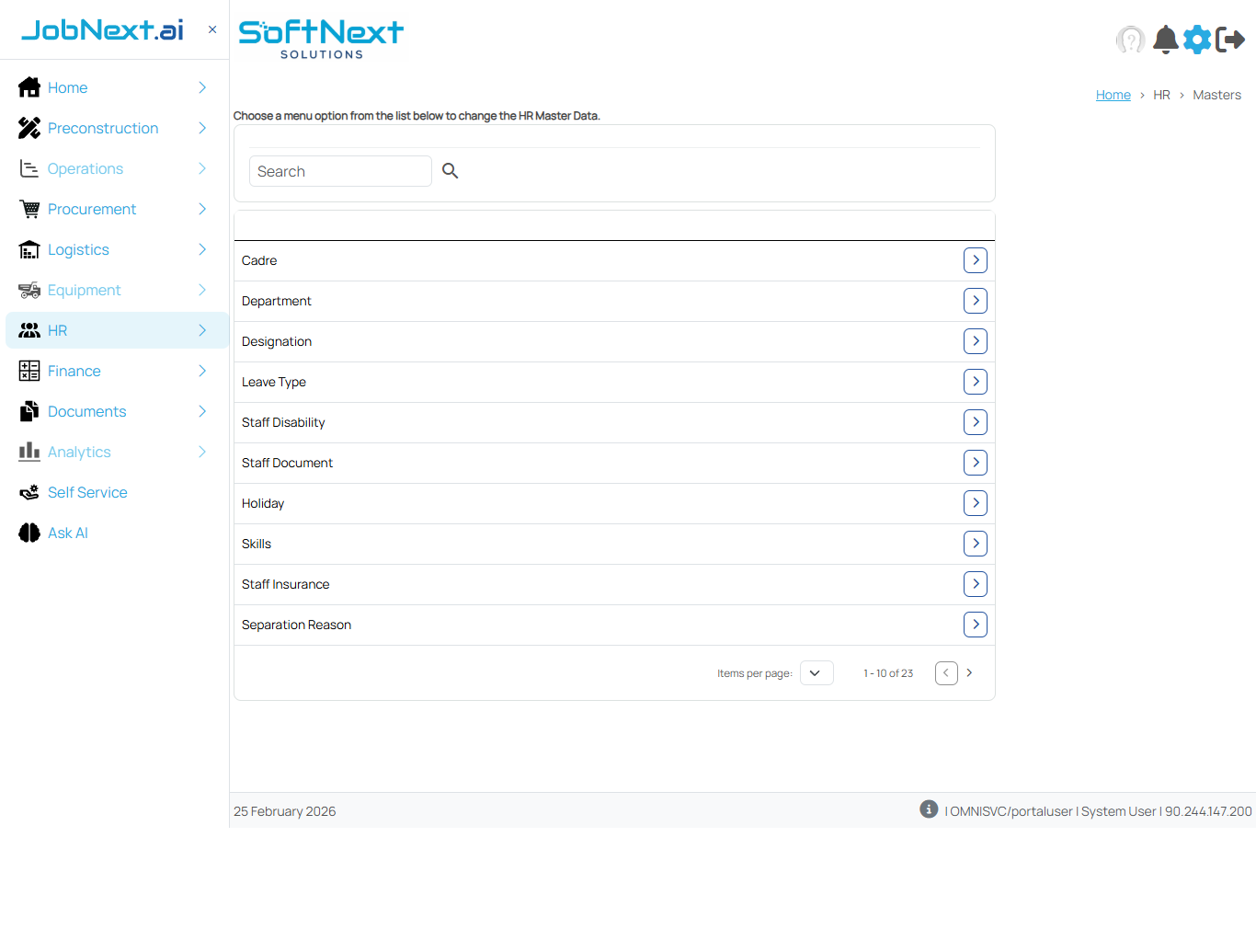 HR Masters page showing a list of master categories including Cadre, Department, Designation, Leave Type, Staff Disability, Staff Document, Holiday, Skills, Staff Insurance, Separation Reason with right-arrow buttons to navigate into each