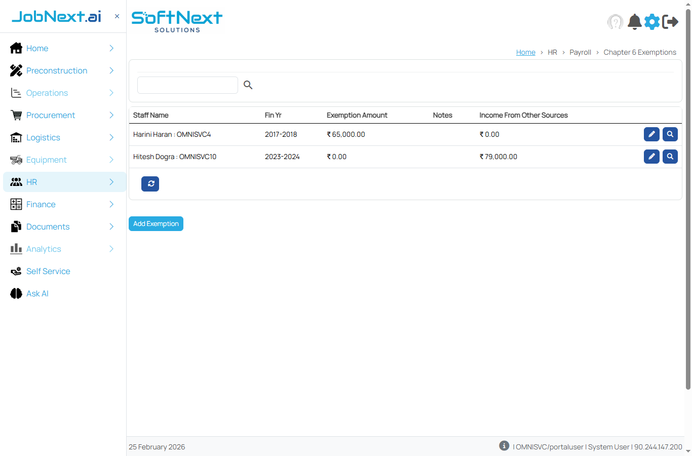 Chapter 6 Exemptions page showing grid with Staff Name, Financial Year, Exemption Amount, Notes, Income From Other Sources columns, and Add Exemption button